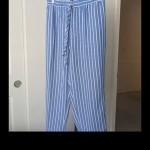 Blue Straight Leg Pants with Vertical Stripes